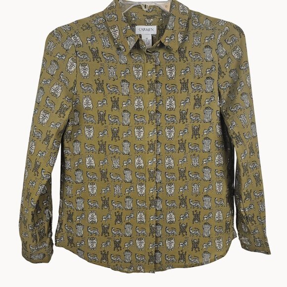 Women Designer Antique Revival Cat Gold Business Casual CarmenMarcValvo Shirt XS - Picture 1 of 9